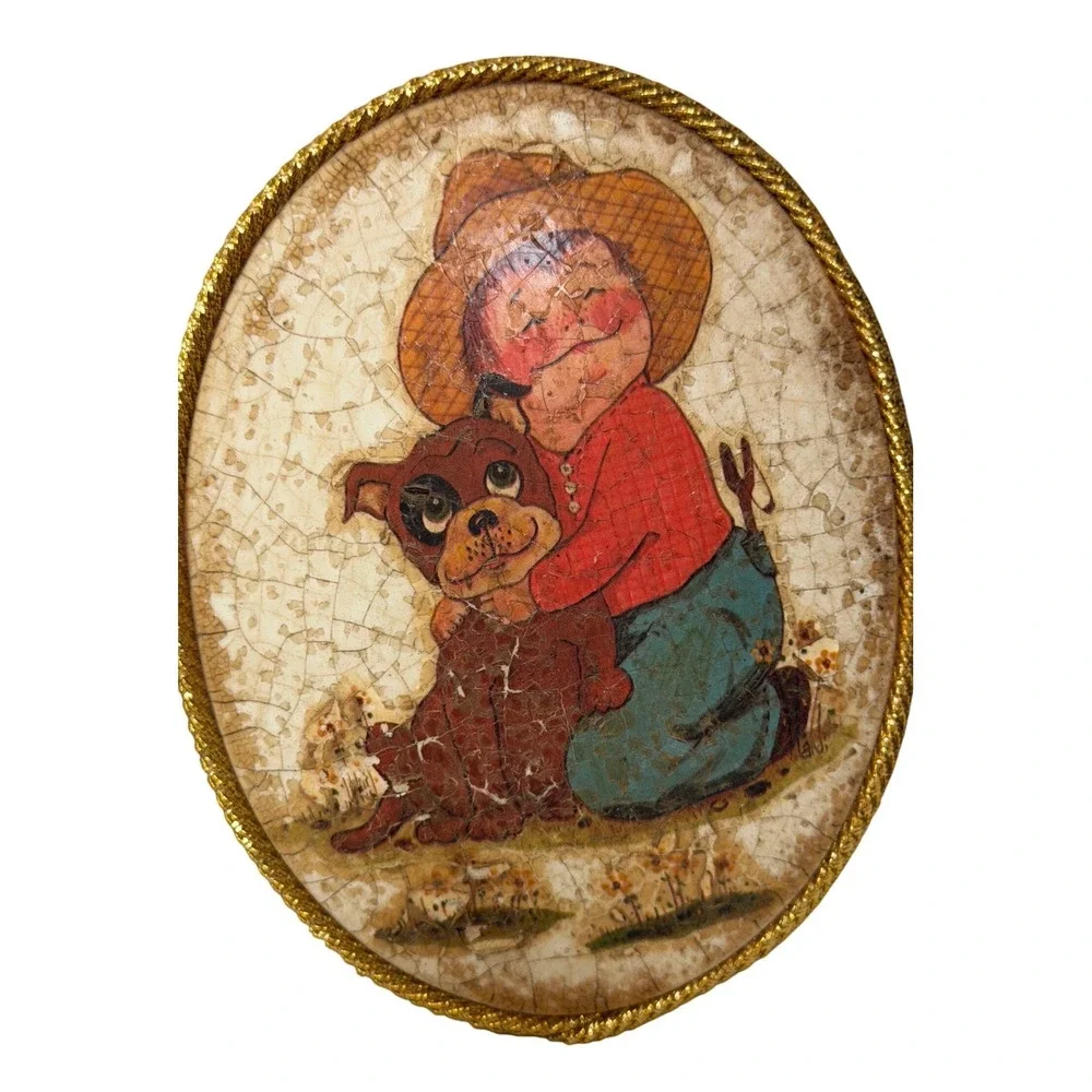 Vintage Oval Wall Plaques Set of 2 Crackle Finish Girl Boy Dog Folk Art Decor
